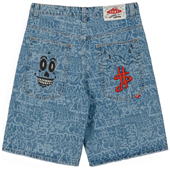 GRIMEY BERMUDA TEJANA STARDUST ALL OVER PRINT BAGGY WASHED DARK BLUE BACK