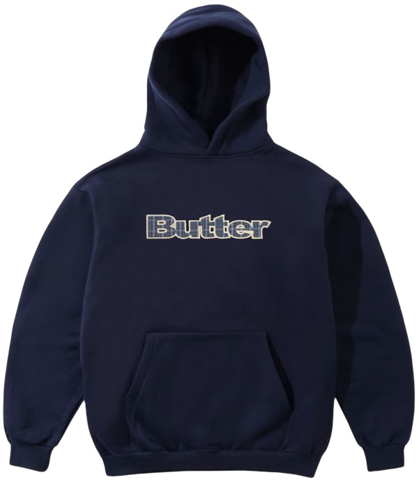 BUTTER GOODS SUDADERA DE CAPUCHA PLAID LOGO APPLIQUE PULLOVER HOOD NAVY FRONT