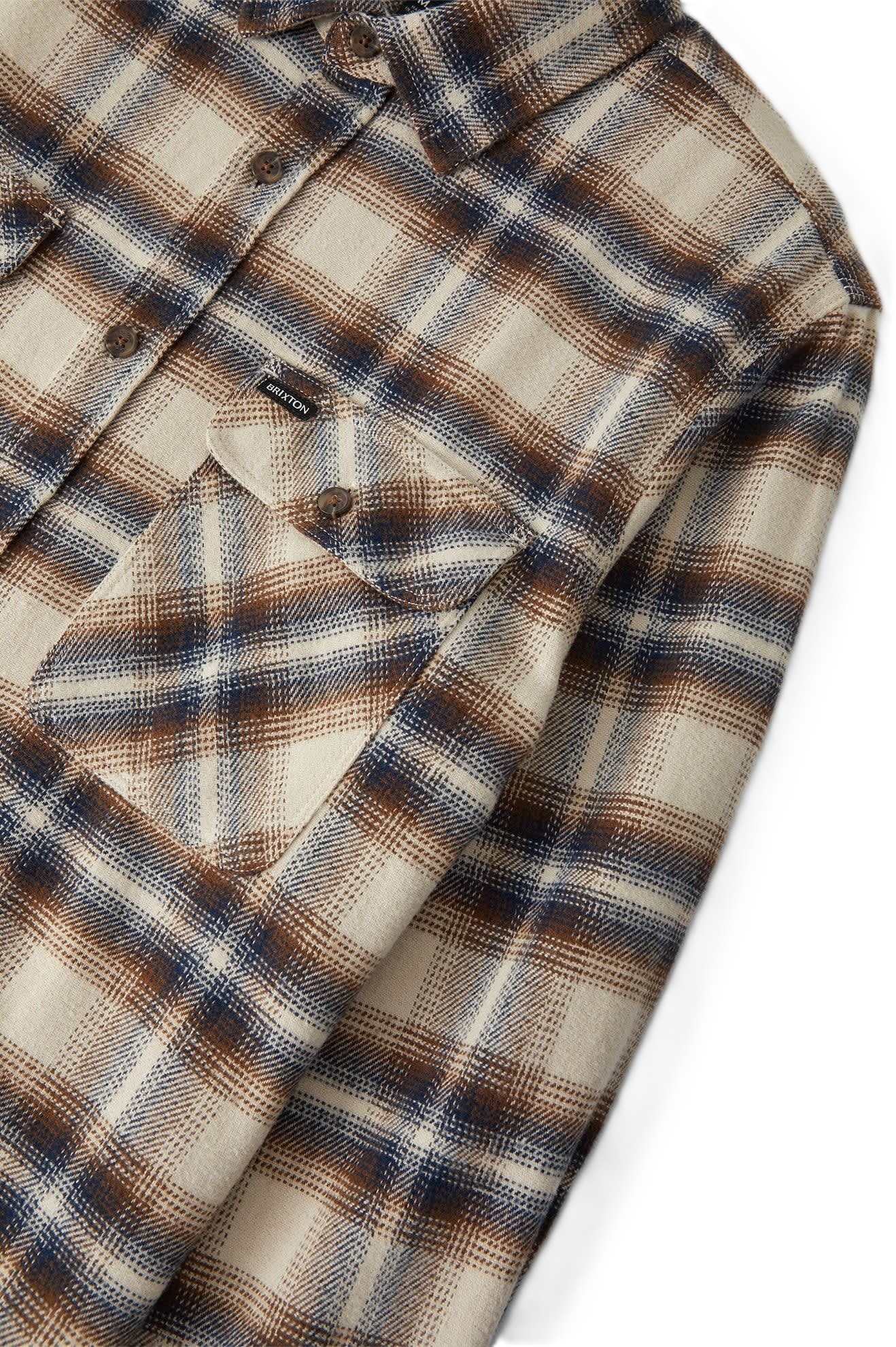 BRIXTON CAMISA MANGA LARGA BOWERY FLANNEL SOFT BROWN PLAID DETALLE