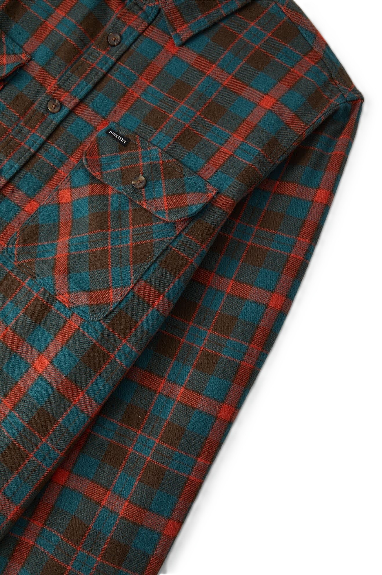 BRIXTON CAMISA MANGA LARGA BOWERY FLANNEL WALNUT BROWN ULTRA MARINE DETALLE